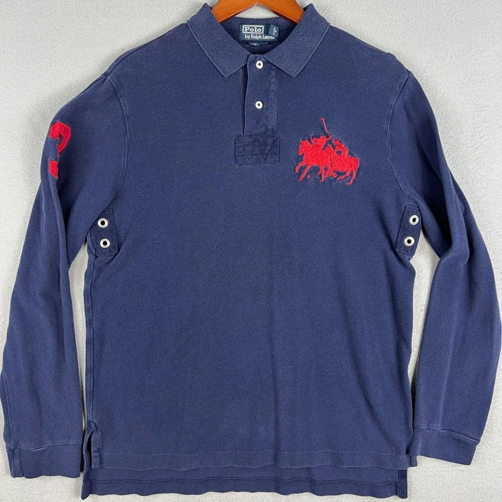 Polo Ralph Lauren Polo Shirt Fits M Long Sleeve #3 Big Pony Blue Preppy Rugby